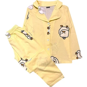 Erkek Çocuk %100 Pamuklu Sarı Civciv Yumurta Desenli Gömlek Yaka Düğmeli Mevsimlik Pijama Takımı