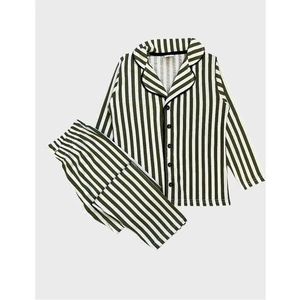 Erkek Çocuk %100 Pamuklu Yeşil Çizgili Desen Gömlek Yaka Boydan Düğmeli Uzun Kollu Pijama Takımı