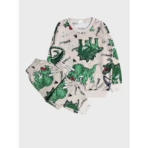 Erkek Çocuk Pamuklu Şardonlu Krem Rengi Dinozor Desenli Uzun Kollu Kışlık Pijama Takımı