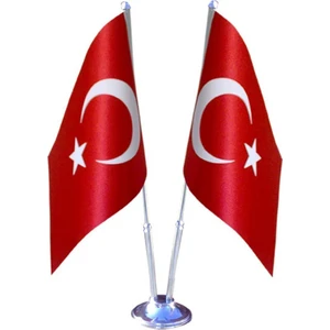 Ofis Masa Üstü Türk Bayrağı Çiftli Krom/saten