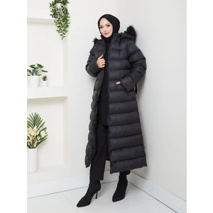 Harma Time Butik Kadın Bel Kemerli Kapüşonlu Uzun Şişme Siyah Mont