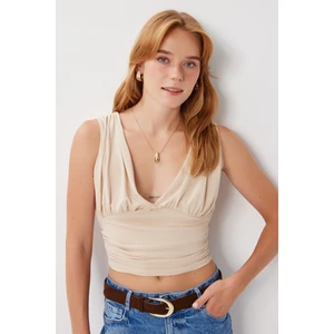Derin V Yakalı Crop Sandy Örme Bluz LBF0004 Latte