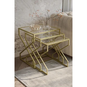 Ela 4lü Zigon Sehpa Yan Sehpa Gold(Eskitme) Temperli Kırılmaz Şeffaf Cam