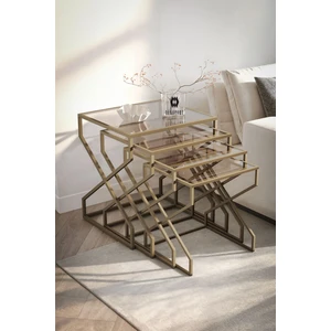 Ela 4lü Zigon Sehpa Yan Sehpa Pirinç Eskitme Rengi, Temperli Kırılmaz Bronz Cam