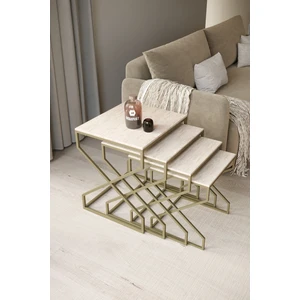 Ela 4lü Zigon Sehpa Yan Sehpa Pirinç Eskitme Rengi Traverten Desen Mdf Membran