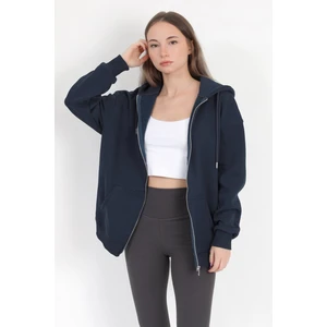 Kadın Indigo Fermuarlı Şardonlu Kapüşonlu Oversize Sweatshirt - 9015