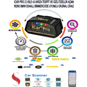 Icar Pro 2.3 Reno Dacia Gizli Özellik Açma ve Arıza Tespit Cihaz DDT4ALL Bimmercode Ecu Tweaker Uyumlu Ios Android Ble 4.0