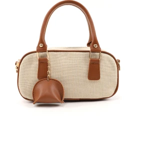 Hasır / Taba SHK207 Suni Deri Charm Detaylı Fermuarlı Ayarlanabilir Askılı El, Kol ve Omuz Çantası