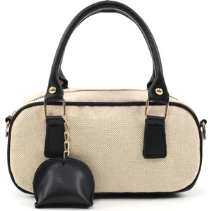 Hasır / Siyah SHK207 Suni Deri Charm Detaylı Fermuarlı Ayarlanabilir Askılı El, Kol ve Omuz Çantası