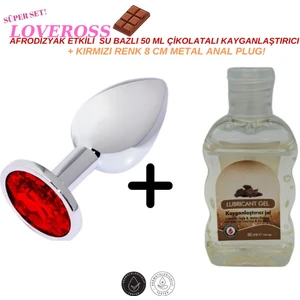 Premium Kırmızı 7 cm Elmas Taşlı Metal Anal Plug Çikolatalı Kayganlaştırıcı Seti - Gizli Gönderim