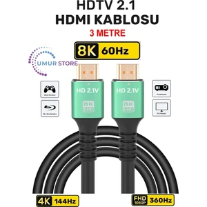 HDMI 2.1 Kablo 8K Ultra Hdtv 3 Metre, 8k 60Hz, 4K 120Hz, 7680P Hdr 2.1V 48GBS Görüntü Kablosu