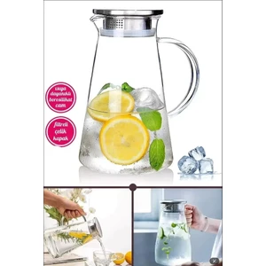 Borosilikat Cam Sürahi 1800ML Isıya Dayanıklı Karaf, Metal Kapaklı Cam Kulplu Meşrubat Su Sürahisi