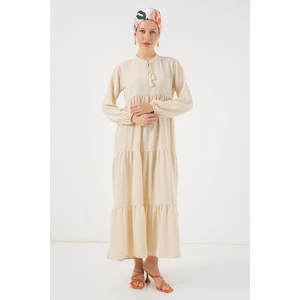 1627 Yaka Bağcıklı Tesettür Elbise - Krem