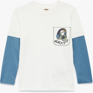 Pamuklu Uzun Takma Kollu Bisiklet Yaka Baskılı Tişört