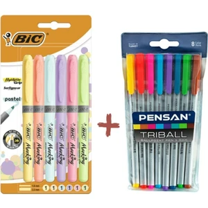 Triball ve Bic Pastel Fosforlu Tükenmez Kalem Seti - 14'lü, Çok Renkli, Standart Boy, Desenli