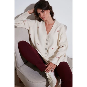 Oversize Fit Desenli V Yaka Triko Hırka Bayan Hırka 4616193