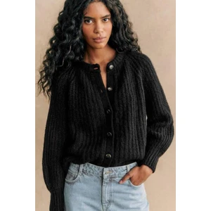 Siyah Bisiklet Yaka Selanik Örgü Düğmeli Kadın Hırka MG2487