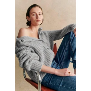 Gri Bisiklet Yaka Selanik Örgü Düğmeli Kadın Hırka MG2487