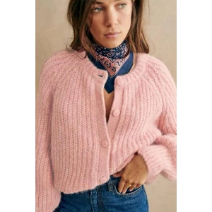 Pembe Bisiklet Yaka Selanik Örgü Düğmeli Kadın Hırka MG2487