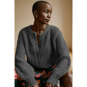 Antrasit Bisiklet Yaka Selanik Örgü Düğmeli Kadın Hırka MG2487