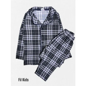 Erkek Çocuk Pamuklu Gri Beyaz Ekose Kumaş Gömlek Yaka Boydan Düğmeli Mevsimlik Pijama Takımı