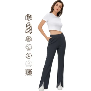 Kadın Yüksek Bel Lastikli Palazzo Pantolon Çimalı Cepli Krep Kumaş Yırtmaçlı Likralı Rahat Kesim Tam Kalıp