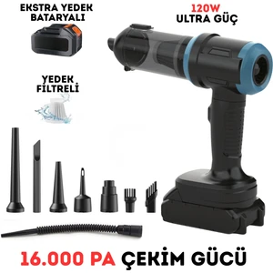 Yeni Pro Çift Bataryalı 120W Şarjlı  16000PA Çekim ve Üfleme Araç Temizleme Süpürgesi