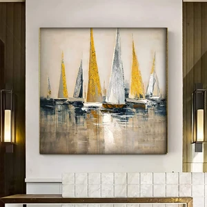 Yat Kanvası, Altın Gemi Resmi, Soyut Yelkenli Duvar Tablosu, Simli Dokulu Sanat