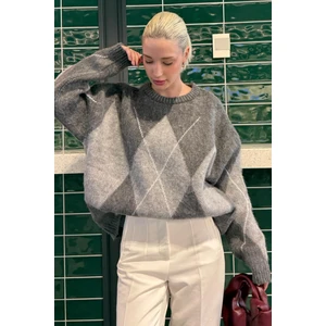 Koyu Gri Bisiklet Yaka Baklava  Desen Kadın Kazak Mg2471