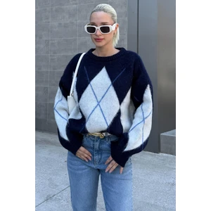 Lacivert Bisiklet Yaka Baklava Desen Kadın Kazak Mg2471