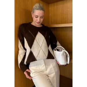 Kahverengi Bisiklet Yaka Baklava Desen Kadın Kazak Mg2471