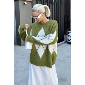 Yağ Yeşili Bisiklet Yaka Baklava Desen Kadın Kazak Mg2471