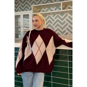 Bordo Bisiklet Yaka Baklava Desen Kadın Kazak Mg2471