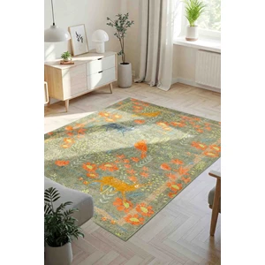 Florart Zeytin Yeşili / Turuncu  Doğa Temalı Çiçekli Dokuma Tabanlı Modern Şönil Halı Al 483