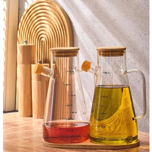 2'li Bambu Kapaklı Cam Yağdanlık ve Stand ile Birlikte Cam Yağlık- Sirkelik 900ML