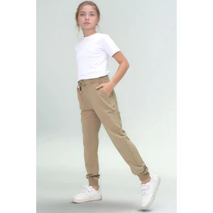 Kız Çocuk Bej Pamuklu Okul Pantolonu  Lastikli Bel ve Paça Rahat KESIM-PNT-2027-K