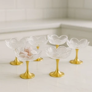 Uzun Metal Gold Ayaklı  Lotus Çiçeği Kahve Yanı Cam Lokumluk Drajelik Seti - 6 Adet
