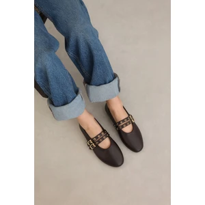 Acı Kahve Babet Zımbalı Çift Tokalı Kadın Babet | Günlük Rahat Düz Taban Mary Jane Ayakkabı Moda