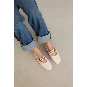 Bej Krem Renk Zımbalı Çift Tokalı Kadın Babet | Günlük Rahat Düz Taban Mary Jane Ayakkabı Moda