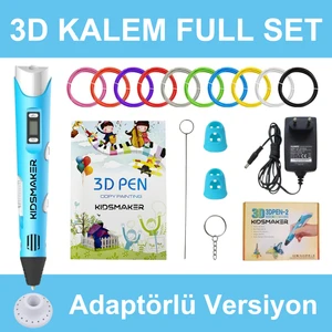 Mavi 3D Kalem Full Set-Adaptörlü-Şablon Kitabı-Filament-Temizleme Çubuğu-Parmak Koruyucu-Anahtarlık