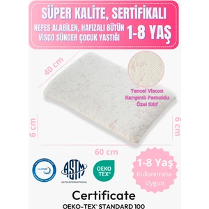 1-8 Yaş Çocuk Yastığı Sertifikalı, Ten Hissiyatlı Pamuklu Özel Kılıf, Nefes Alan Bütün Visco Sünger