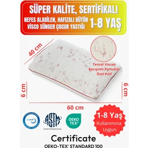 1-8 Yaş Çocuk Yastığı Sertifikalı, Ten Hissiyatlı Pamuklu Özel Kılıf, Nefes Alan Bütün Visco Sünger