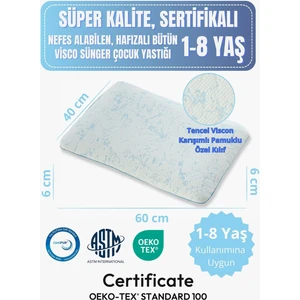1-8 Yaş Çocuk Yastığı Sertifikalı, Ten Hissiyatlı Pamuklu Özel Kılıf, Nefes Alan Bütün Visco Sünger