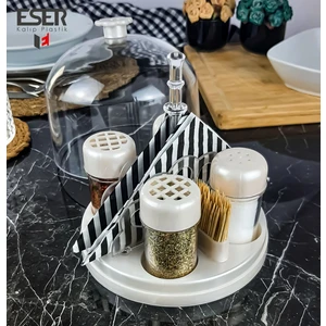 Esa Store Şeffaf Fanus Kapaklı Peçetelik ve Kürdanlık Hazneli Dörtlü Baharatlık Seti-Tuzluk-Baharatlık-Mermer Beyazı