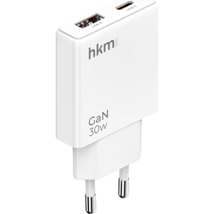 hkm tech EXTRA SLIM GAN 30W Usb-A ve Type-C Çift Portlu Hızlı Şarj Aleti, Ultra Ince Güç Adaptörü, Beyaz