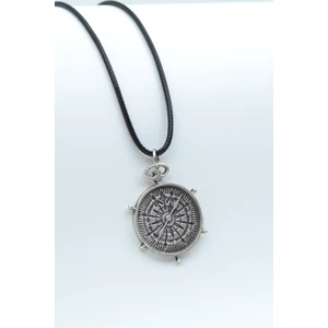 Pusula Gümüş Kaplama Deri İp Kolye