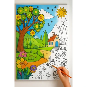 Dudu Gift 25 x 35 cm Resimli Tuval Çocuk Boyama Seti Ev ve Bahçe Renk Akrilik Boya ve 2 Fırça Adet Fırça