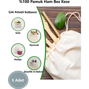 5 Adet Orta Boy Büzgülü Bez Torba | %100 Pamuk Bez Kese | Bakliyat Torbası | Erzak Çantası | 20X30CM