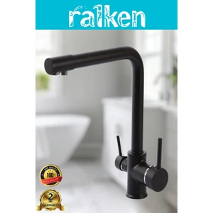 Arıtma, Sıcak, Soğuk Çıkışlı 3 Yollu Siyah Lüx Arıtmalı Eviye Mutfak Bataryası Musluğu Köşe Borulu Arıtıcı Musluğu - %100 Pirinç, Paslanmaz, Ağır Sarı Gövde