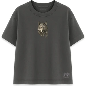 Etnik Desenli Bozkurt Portre Füme Oversize Tişört